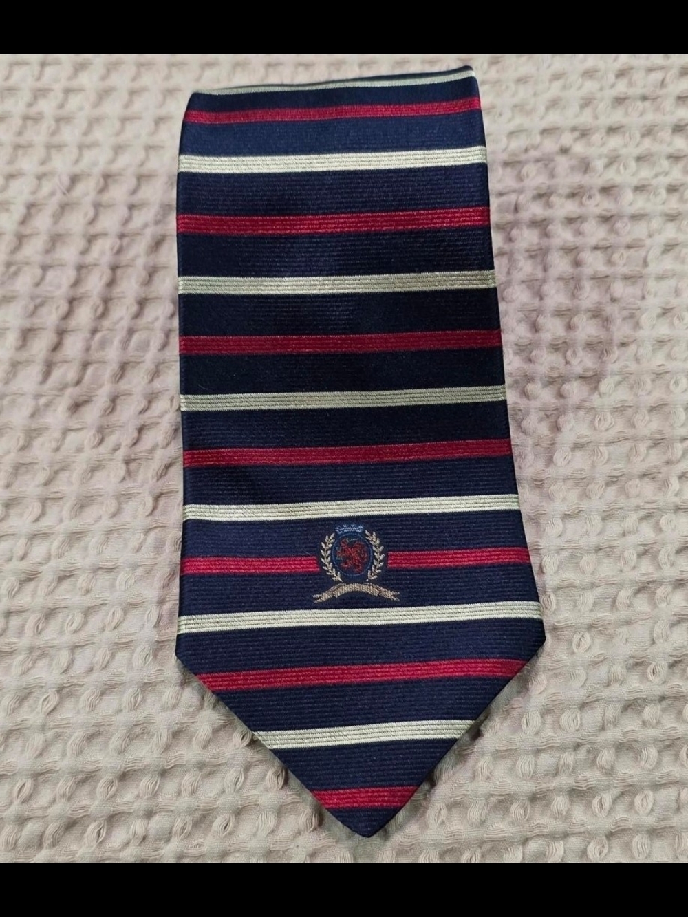 Vintage Tommy Hilfiger Navy Tie with Red and Silver Stripes